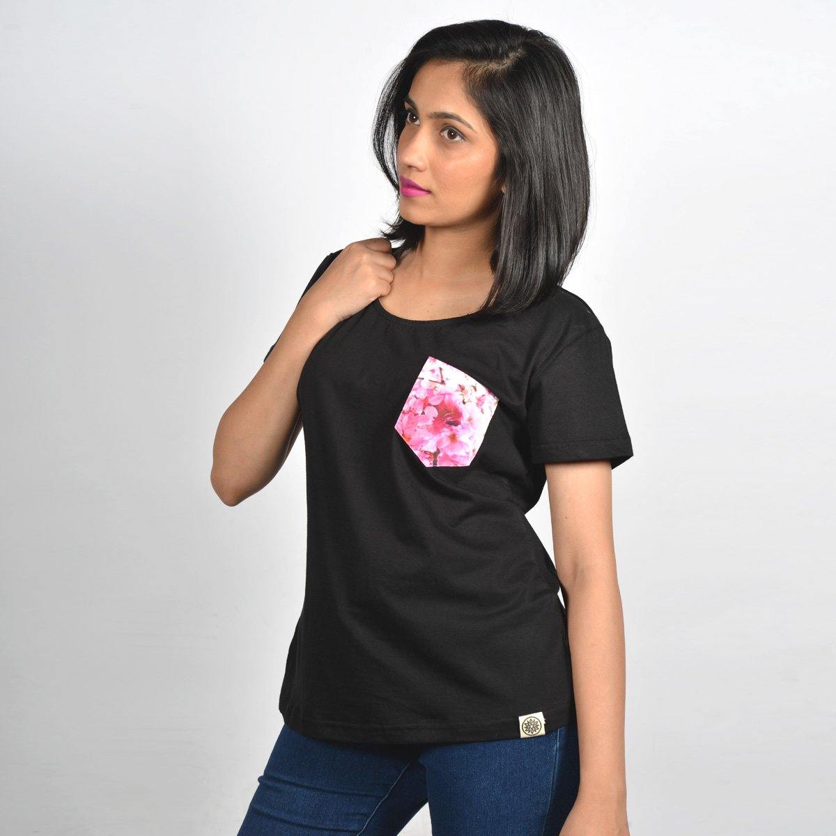 Women's Black Cherry Blossom Pocket T-shirt